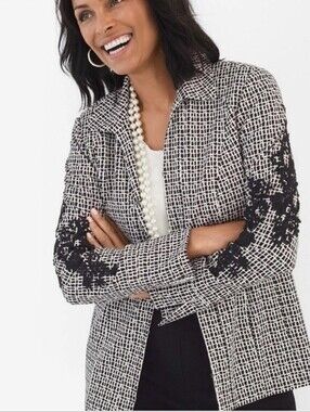 Chico's Black & White Grid Zip Jacket with Lace Sleeve Detail